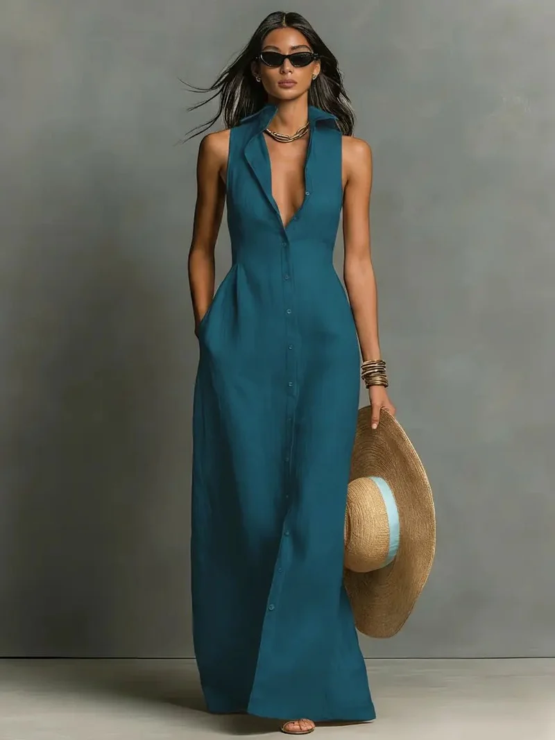 Robe Longue en Lin Sans Manches pour Femme | Idéale pour les Vacances