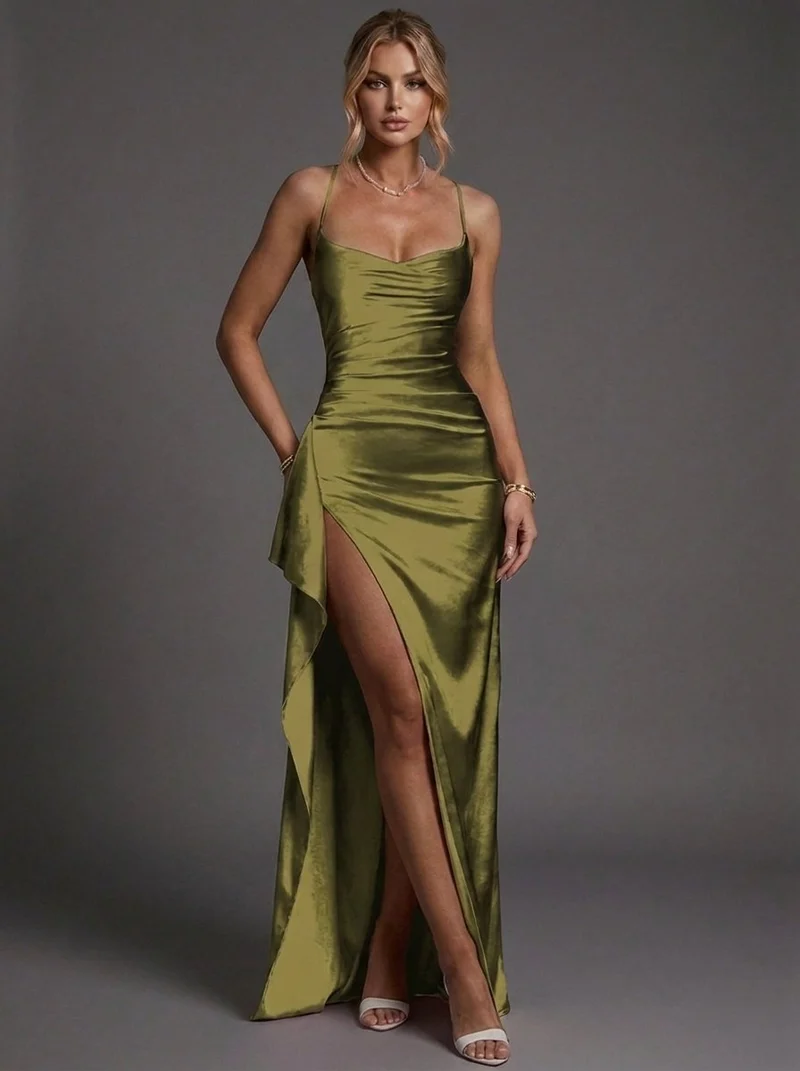 Robe Longue Satinée Femme à Fente, Fines Bretelles et Encolure Drapée
