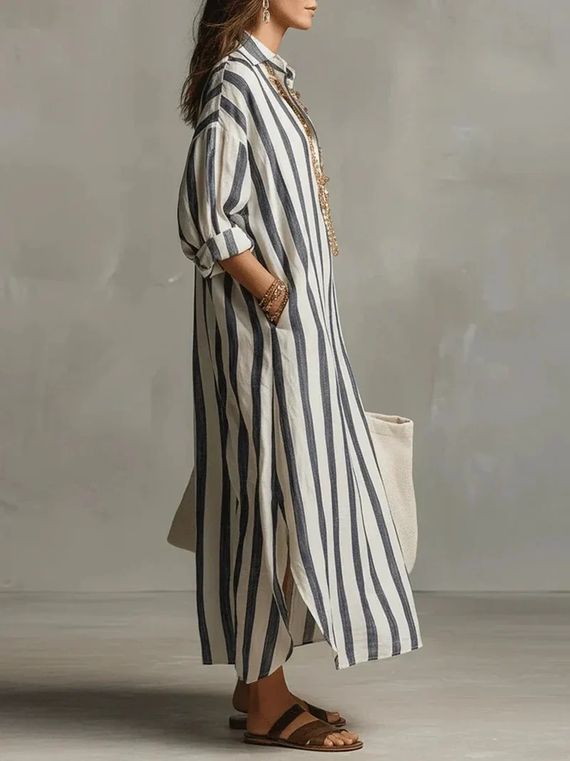 Robe Chemise Longue Femme à Rayures en Lin Mélangé Coupe Ample avec Poches