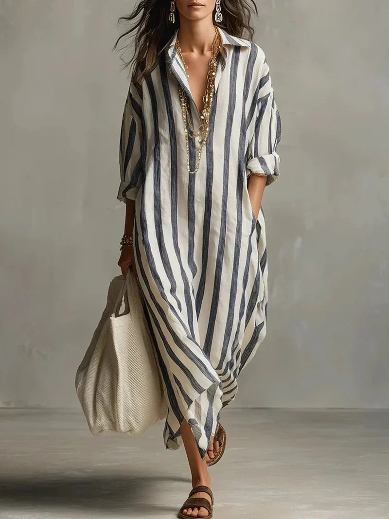 Robe Chemise Longue Femme à Rayures en Lin Mélangé Coupe Ample avec Poches