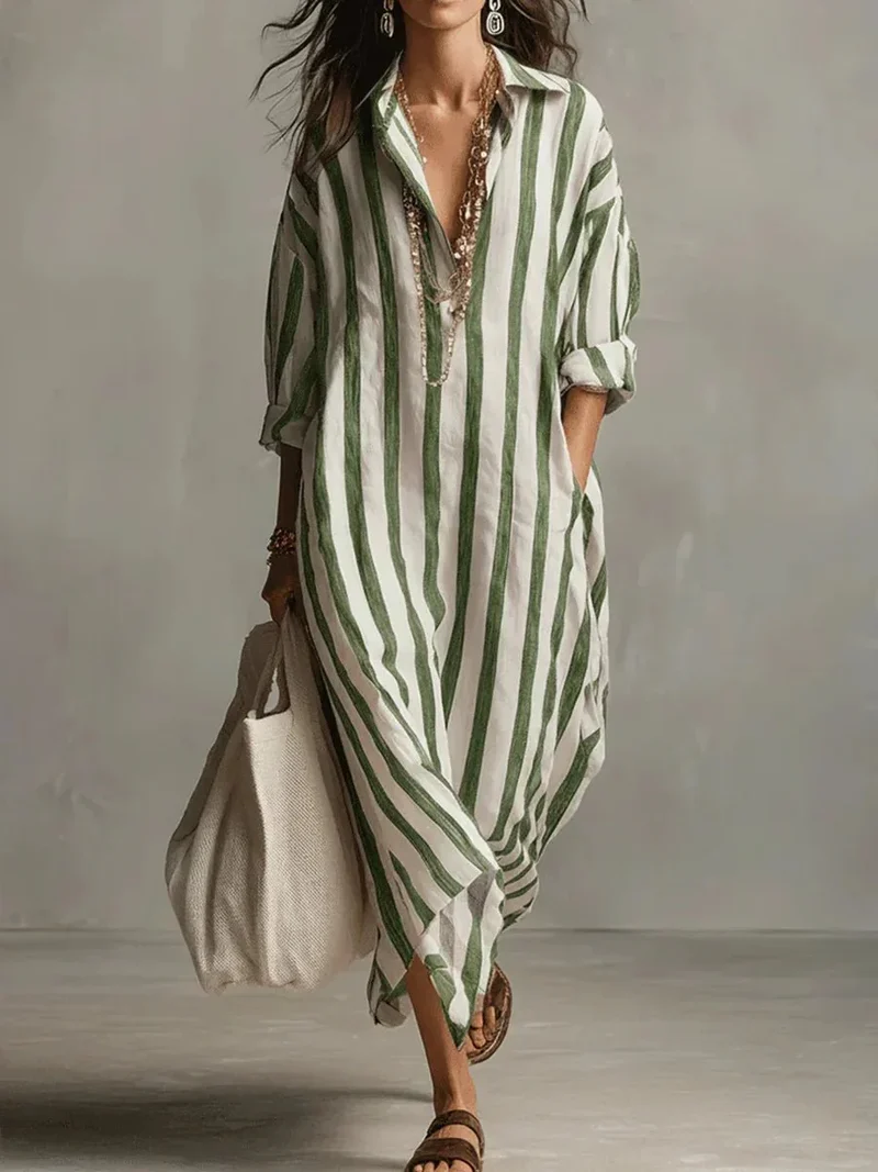 Robe Chemise Longue Femme à Rayures en Lin Mélangé Coupe Ample avec Poches