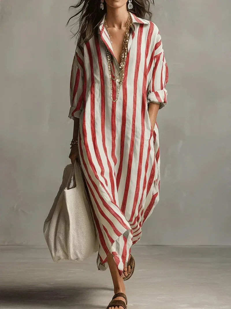 Robe Chemise Longue Femme à Rayures en Lin Mélangé Coupe Ample avec Poches