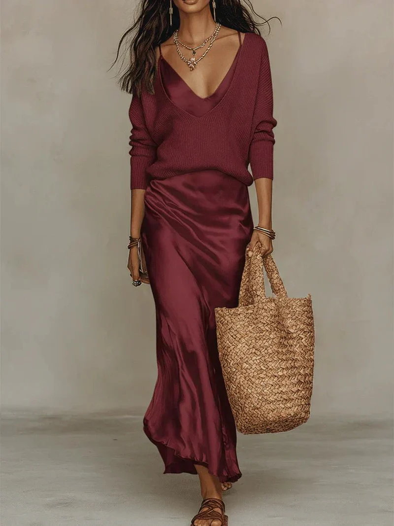 Ensemble Robe Midi Satinée et Pull en Laine pour Femme | Idéal pour le Quotidien
