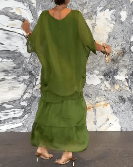 Robe Longue Ample Femme à Volants en Tissu Fluide