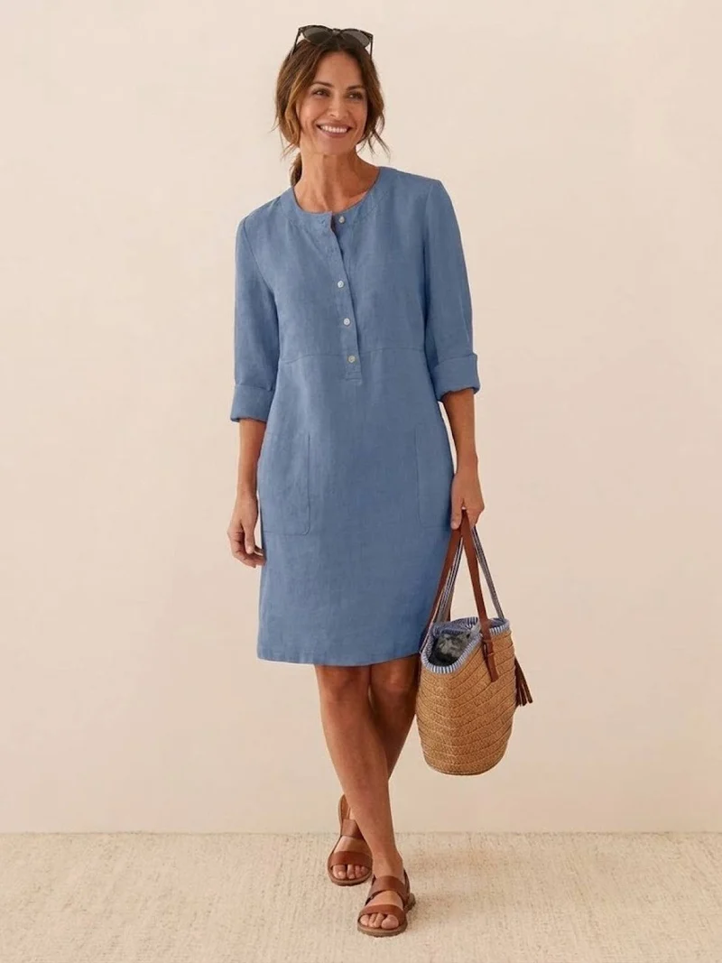 Robe Droite Femme en Lin et Coton avec Boutons et Poches