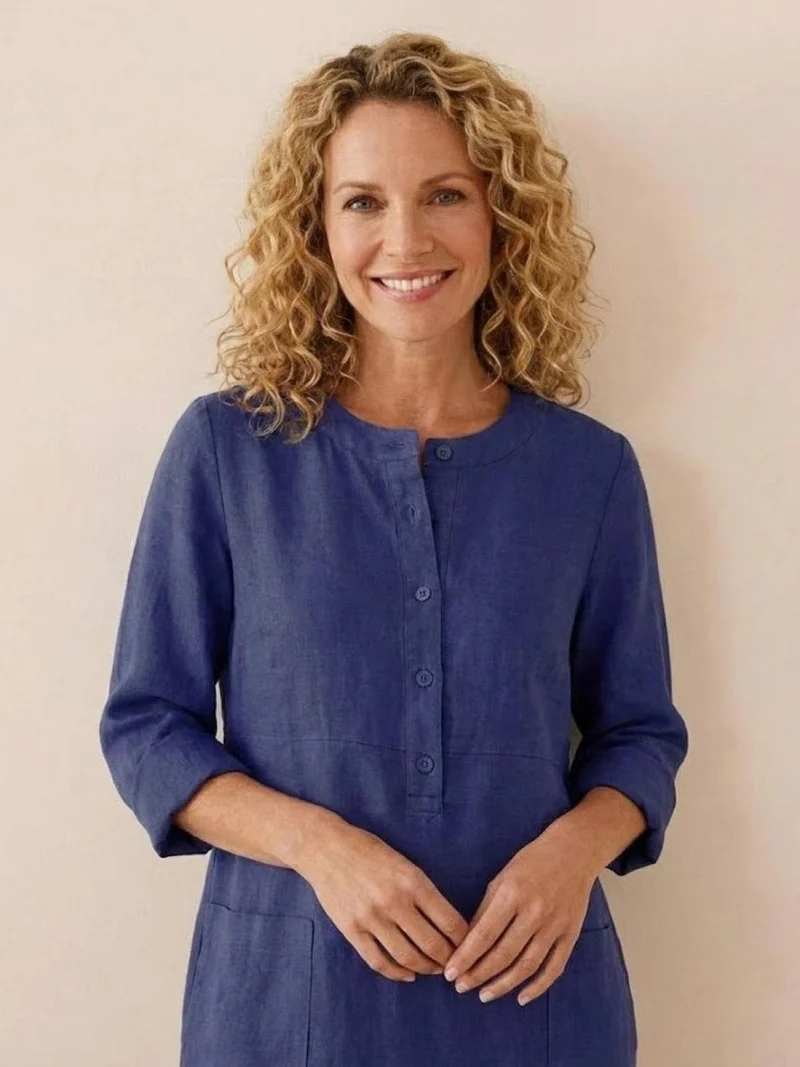 Robe Droite Femme en Lin et Coton avec Boutons et Poches