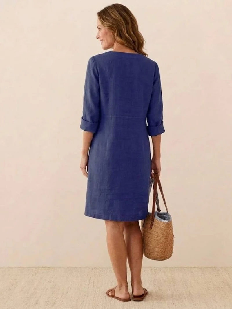 Robe Droite Femme en Lin et Coton avec Boutons et Poches