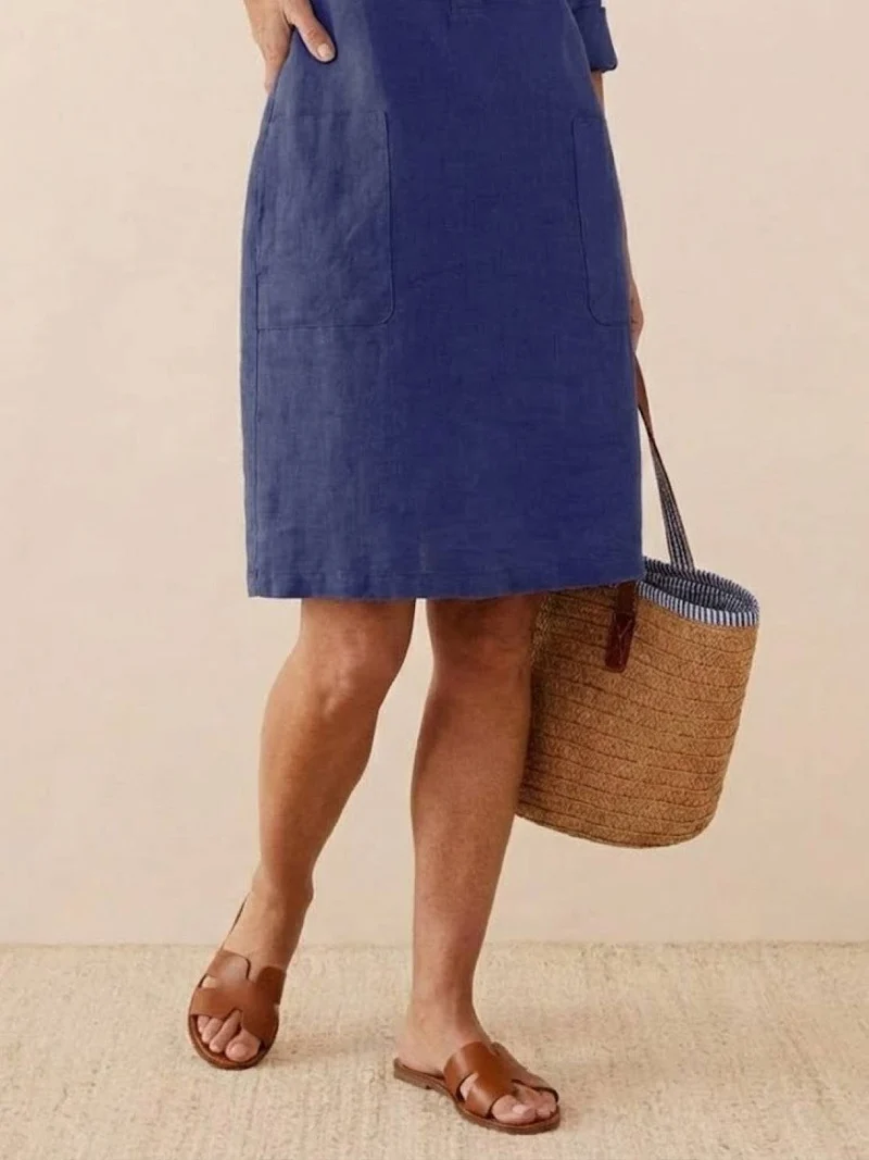 Robe Droite Femme en Lin et Coton avec Boutons et Poches