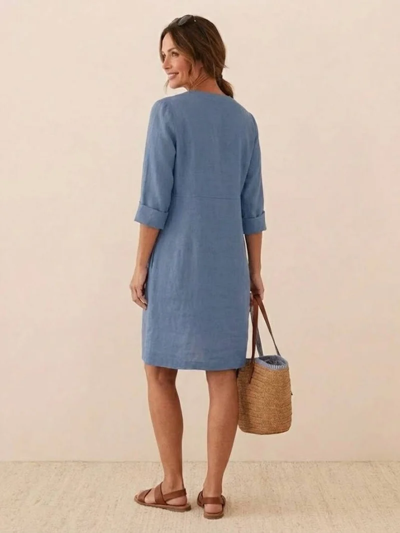 Robe Droite Femme en Lin et Coton avec Boutons et Poches