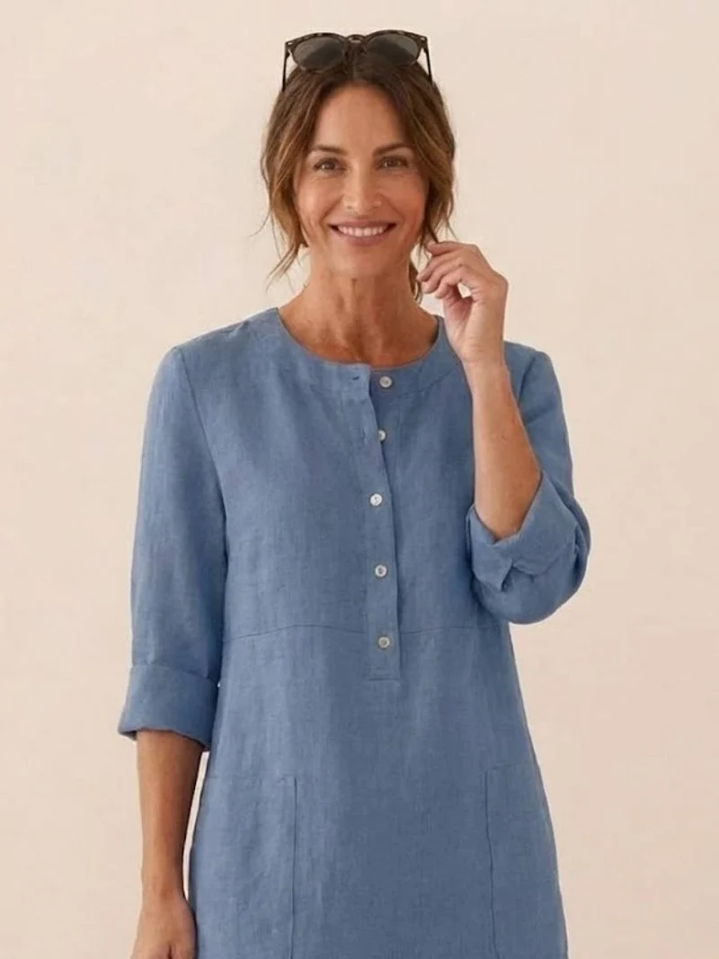 Robe Droite Femme en Lin et Coton avec Boutons et Poches