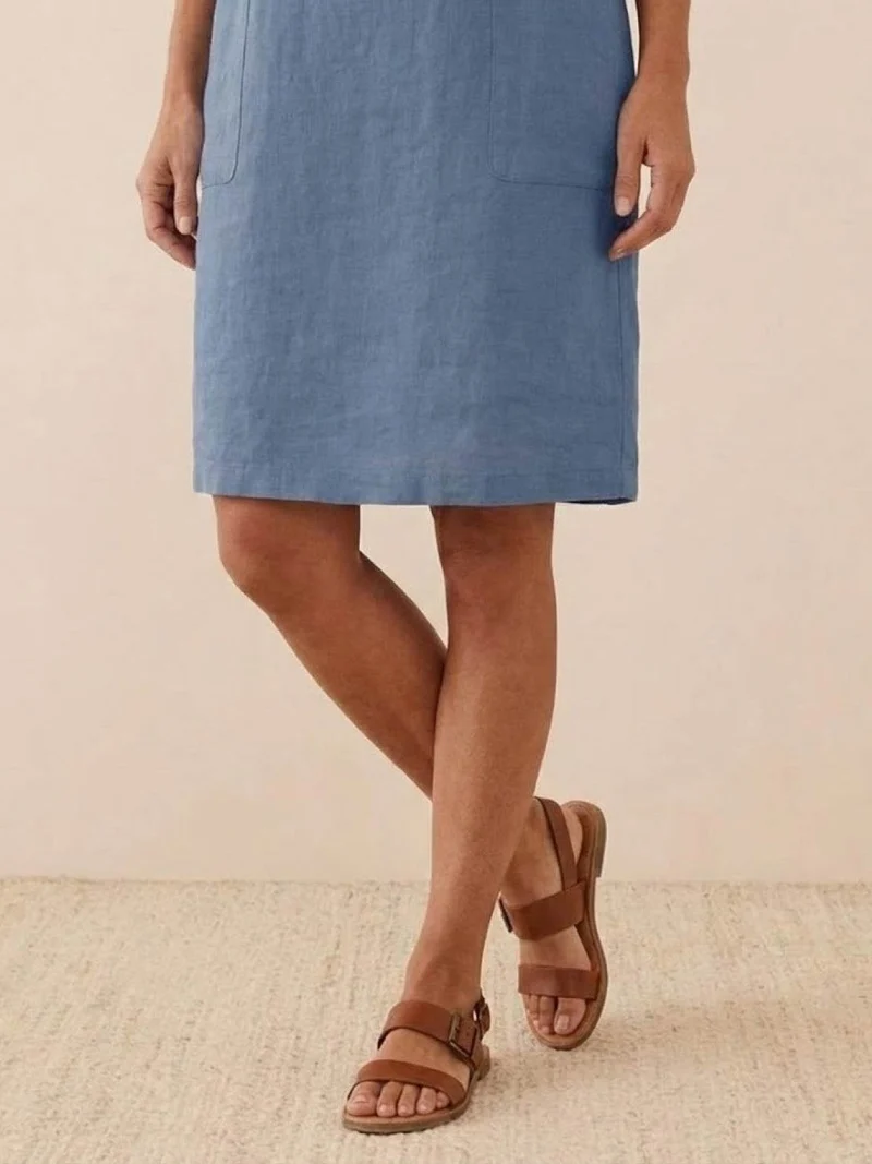 Robe Droite Femme en Lin et Coton avec Boutons et Poches