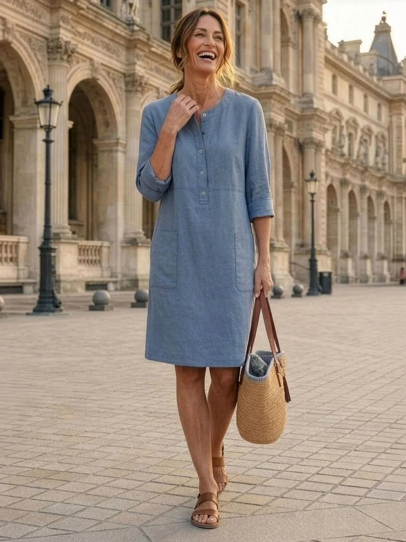 Robe Droite Femme en Lin et Coton avec Boutons et Poches