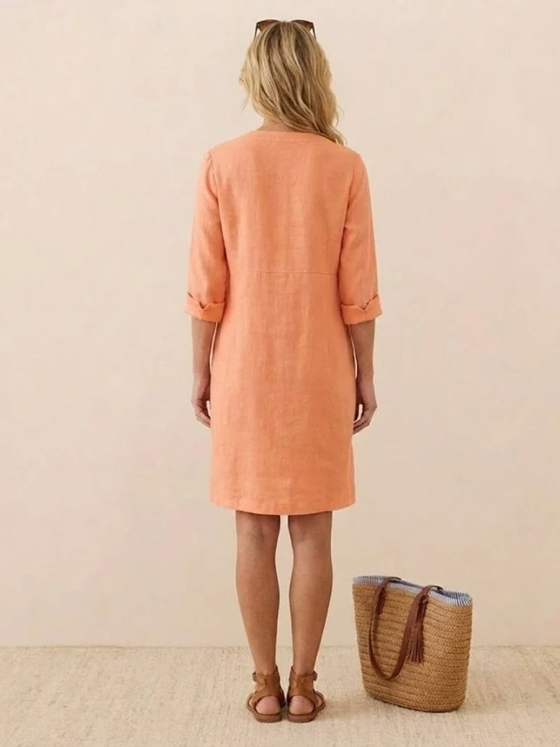 Robe Droite Femme en Lin et Coton avec Boutons et Poches