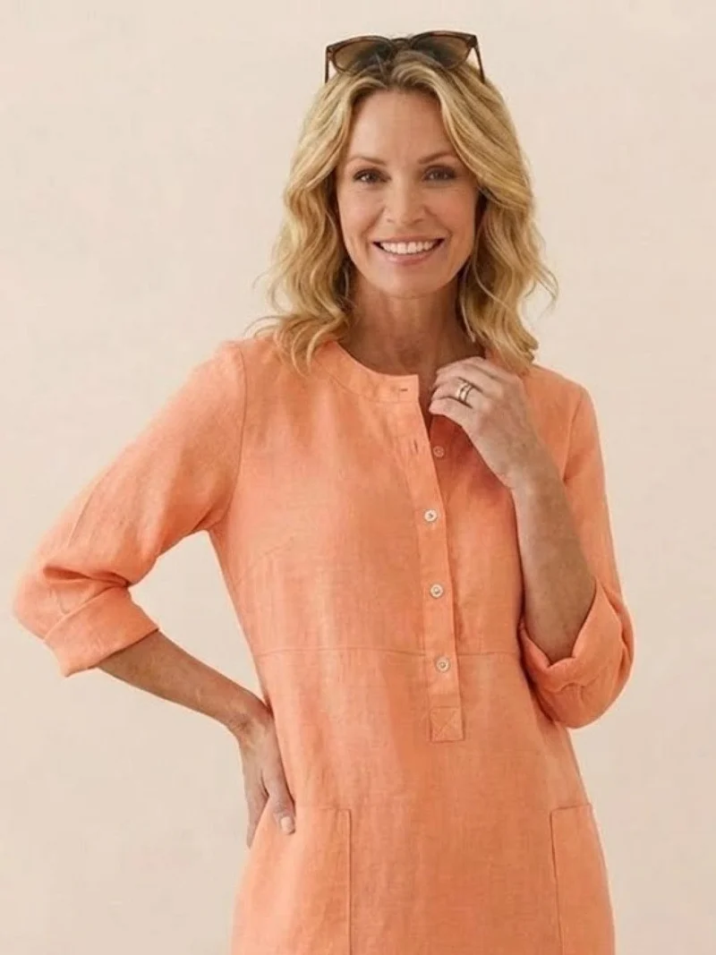 Robe Droite Femme en Lin et Coton avec Boutons et Poches