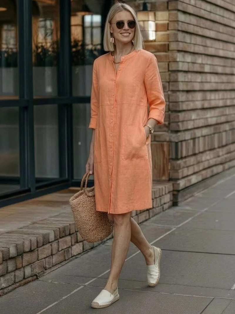 Robe Droite Femme en Lin et Coton avec Boutons et Poches