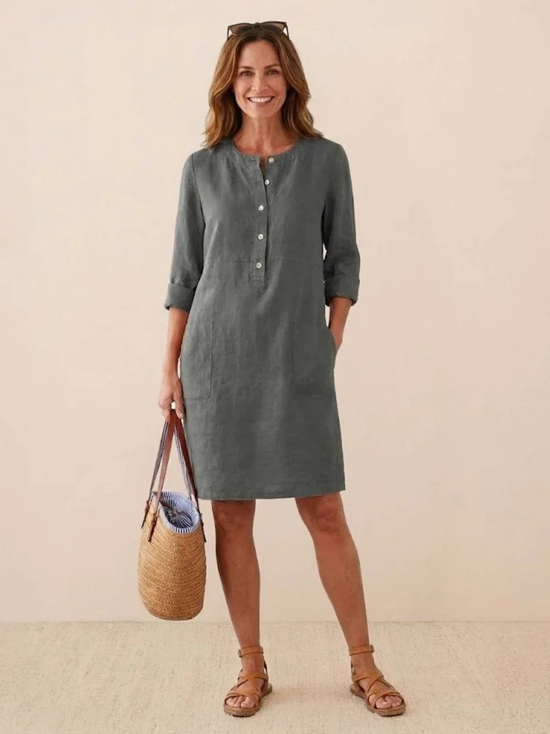 Robe Droite Femme en Lin et Coton avec Boutons et Poches