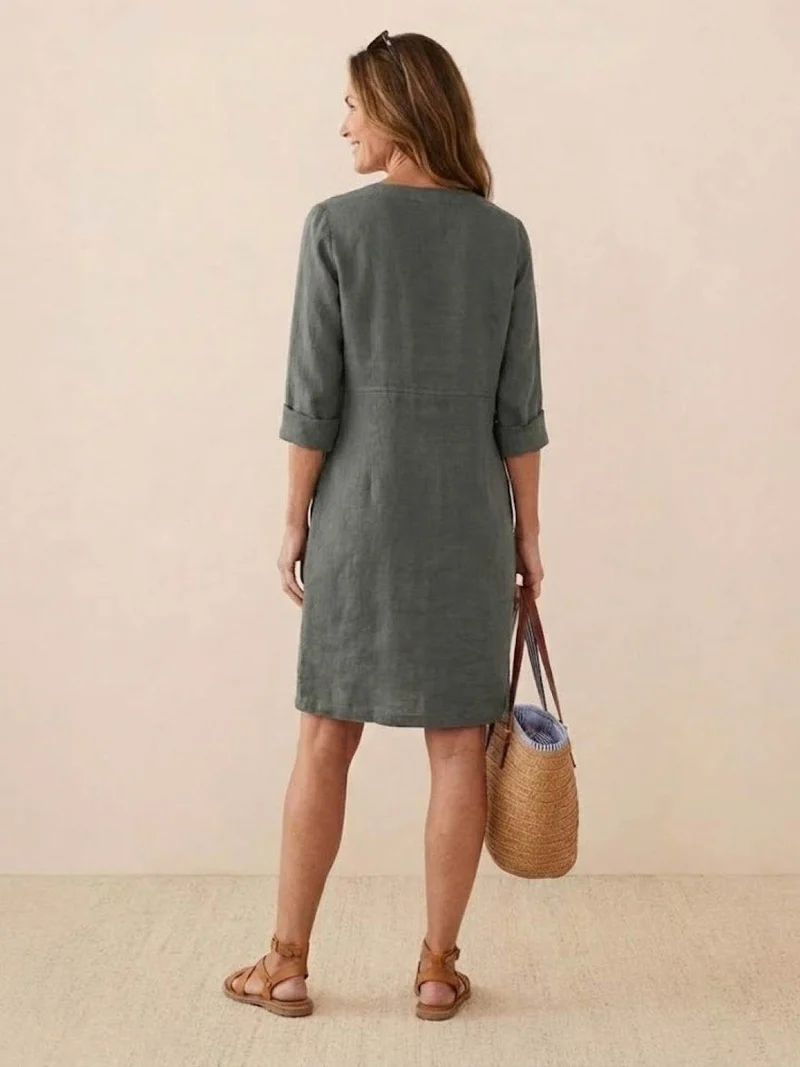 Robe Droite Femme en Lin et Coton avec Boutons et Poches