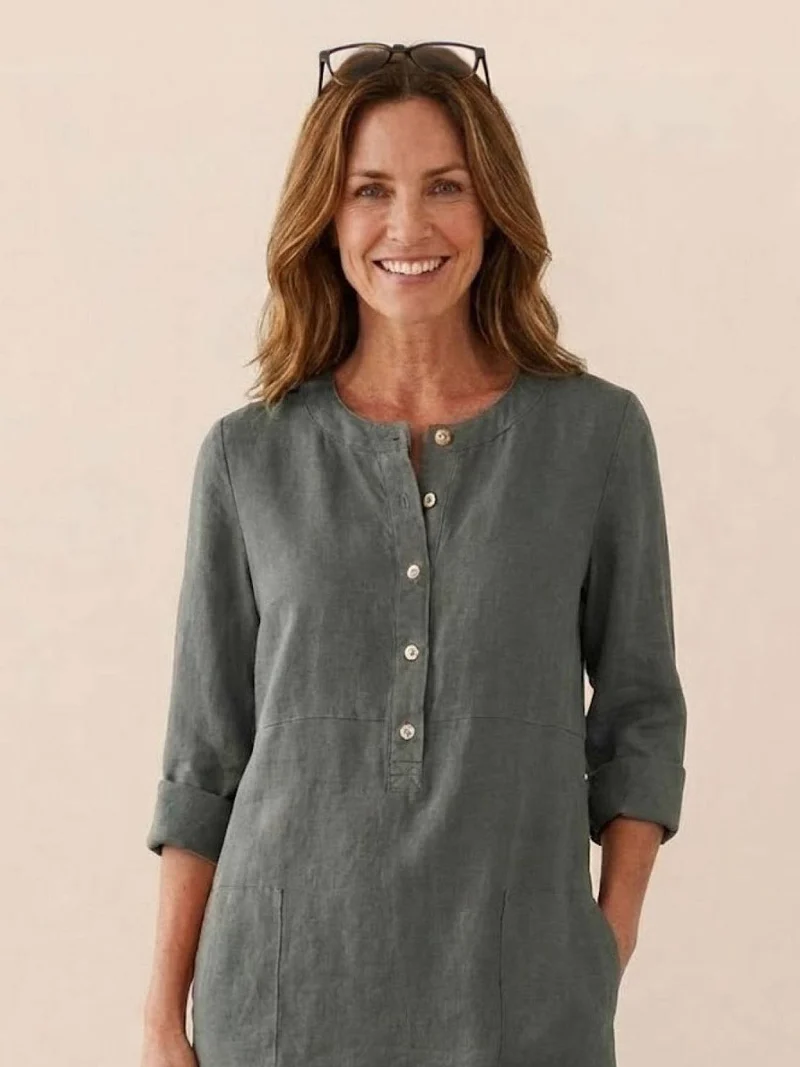 Robe Droite Femme en Lin et Coton avec Boutons et Poches