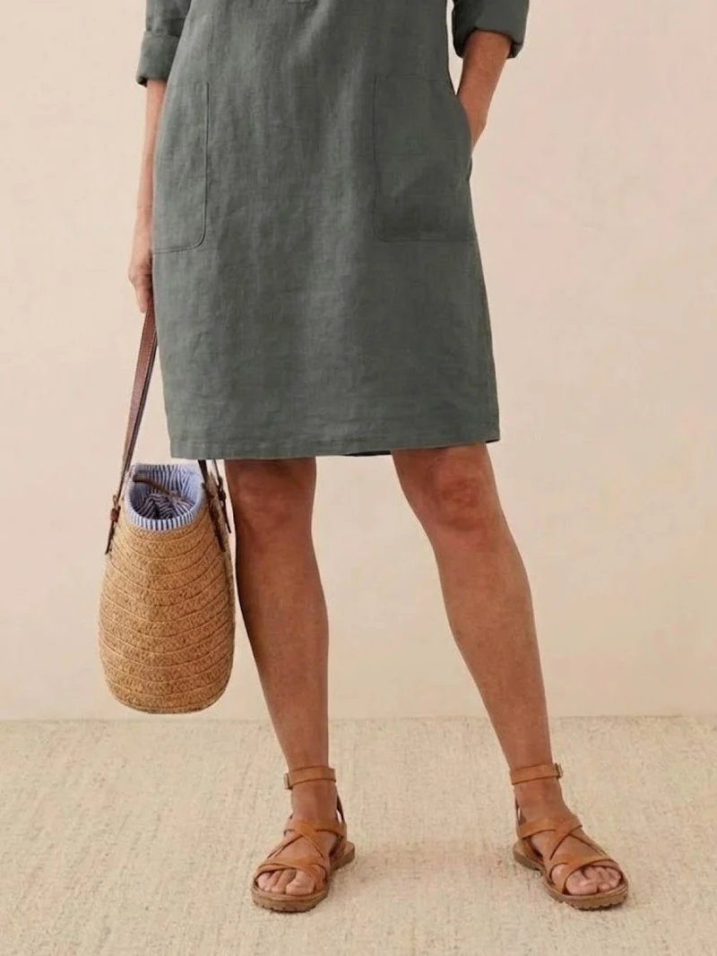 Robe Droite Femme en Lin et Coton avec Boutons et Poches