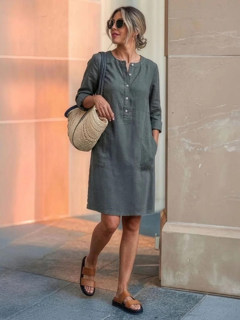 Robe Droite Femme en Lin et Coton avec Boutons et Poches