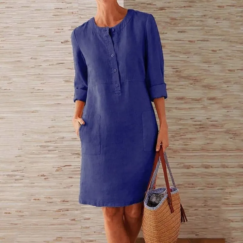 Robe Droite Femme en Lin et Coton avec Boutons et Poches