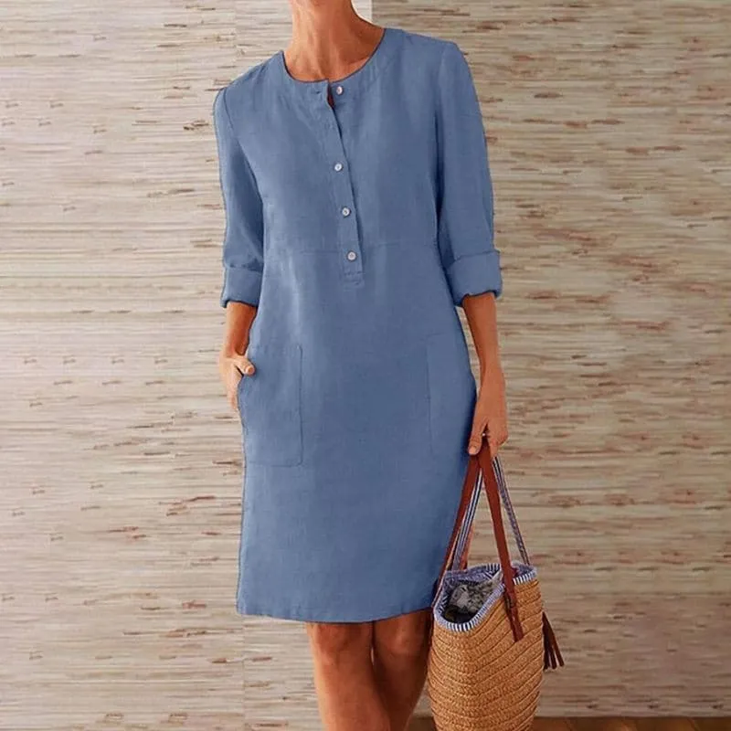 Robe Droite Femme en Lin et Coton avec Boutons et Poches
