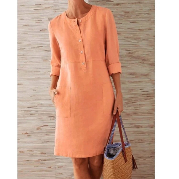 Robe Droite Femme en Lin et Coton avec Boutons et Poches