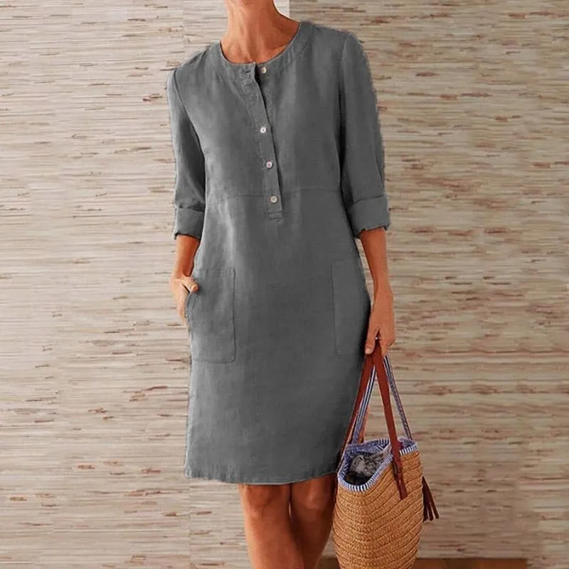 Robe Droite Femme en Lin et Coton avec Boutons et Poches