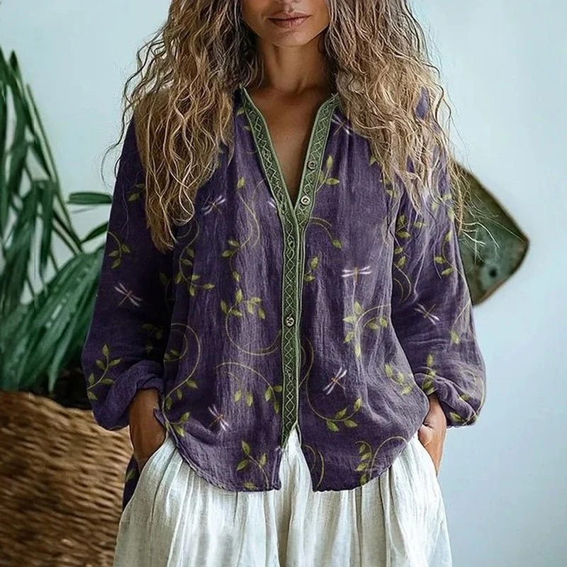 Chemise à Imprimé Feuilles Vintage pour Femmes
