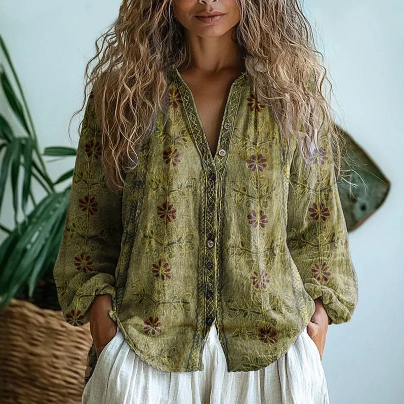 Chemise à Imprimé Feuilles Vintage pour Femmes