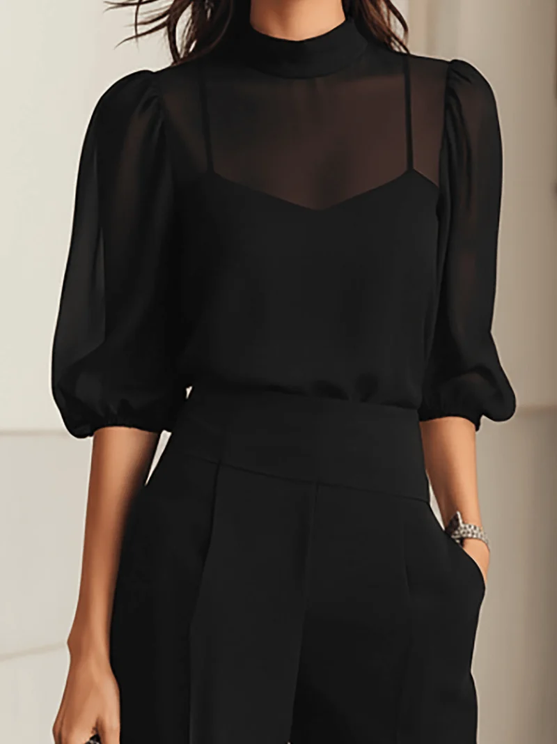 Ensemble Pantalon Large Taille Haute 3 Pièces Femme avec Blouse Transparente et Débardeur