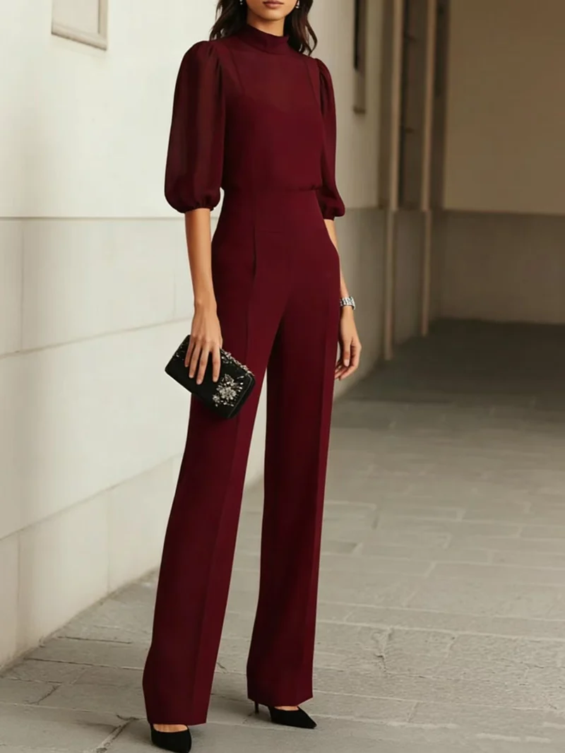 Ensemble Pantalon Large Taille Haute 3 Pièces Femme avec Blouse Transparente et Débardeur
