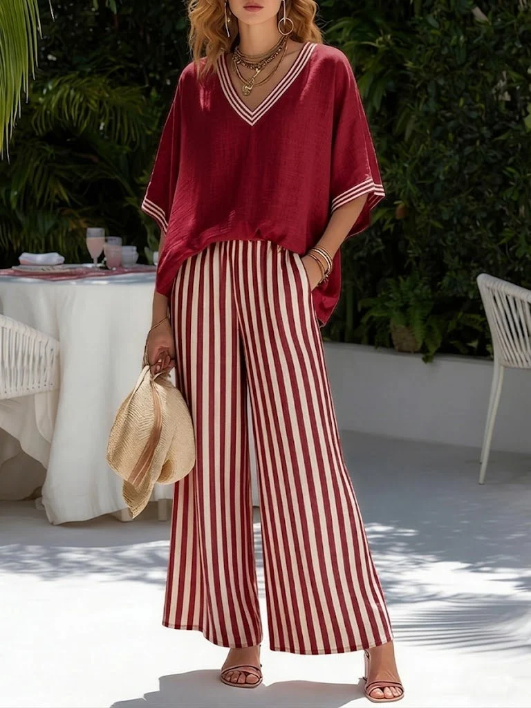 Ensemble Femme en Lin et Coton avec Pantalon Large à Rayures et Haut Col V