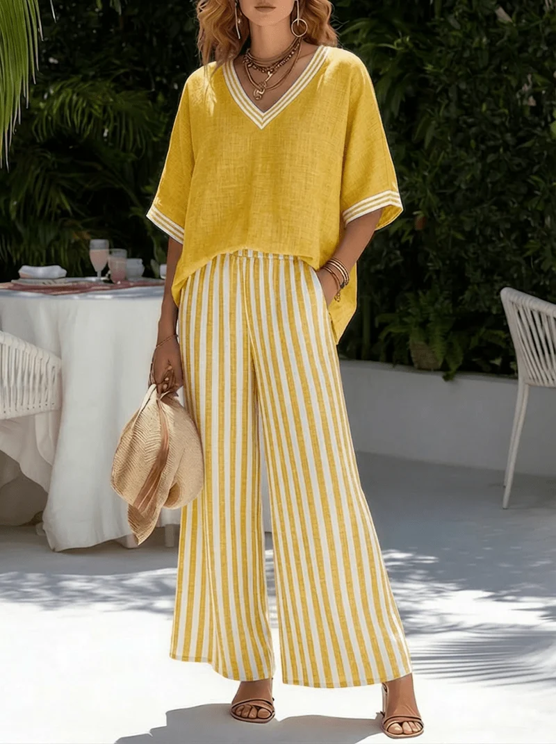 Ensemble Femme en Lin et Coton avec Pantalon Large à Rayures et Haut Col V