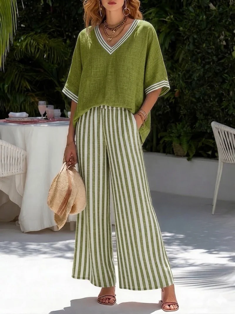 Ensemble Femme en Lin et Coton avec Pantalon Large à Rayures et Haut Col V