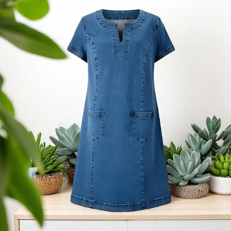 Robe Droite en Denim avec Poches pour Femmes