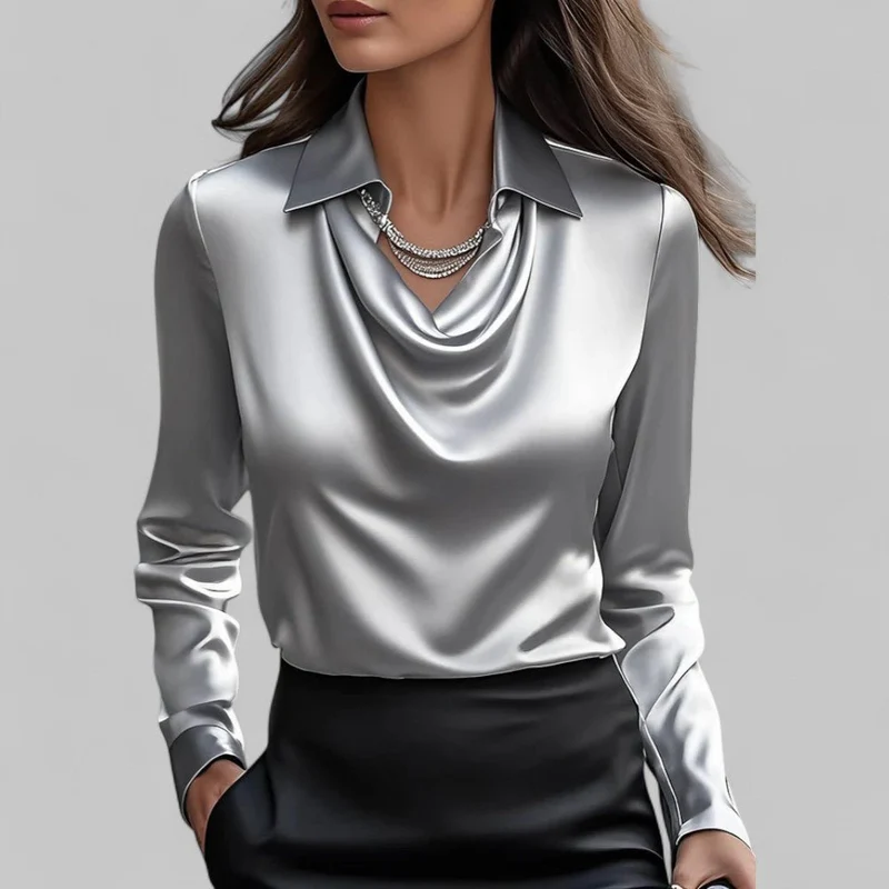 Chemisier col drapé en satin pour femmes