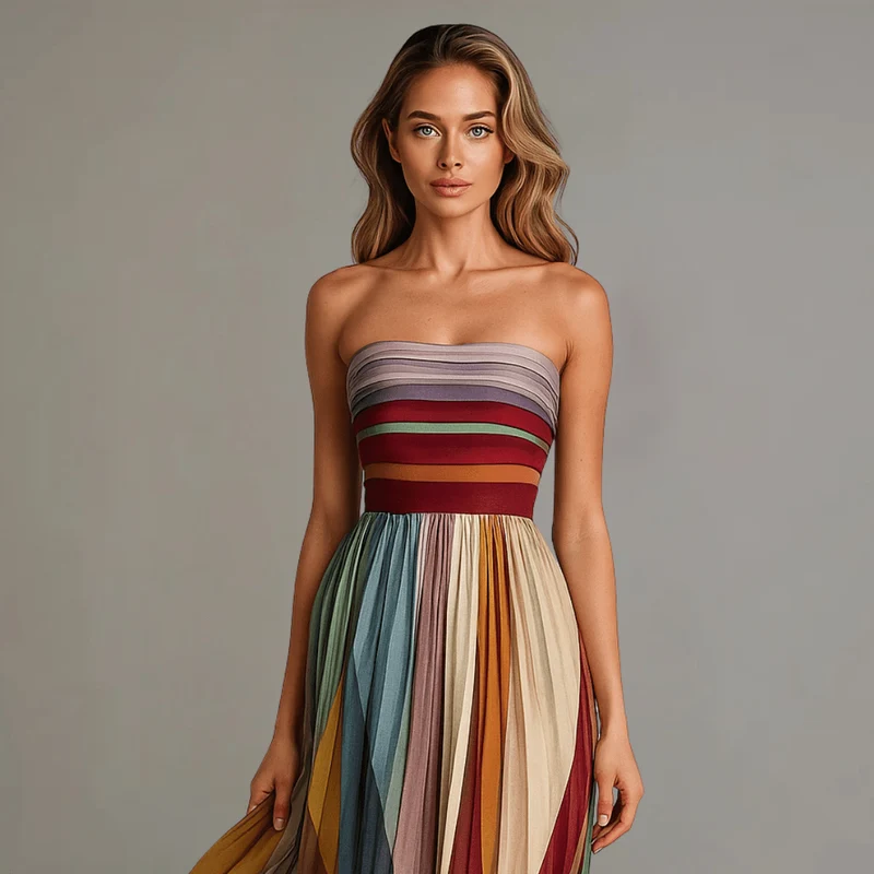 Robe Longue Plissée Sans Bretelles pour Femmes