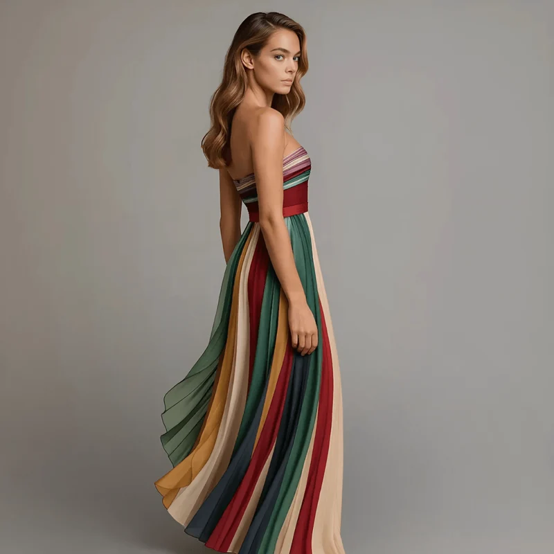 Robe Longue Plissée Sans Bretelles pour Femmes