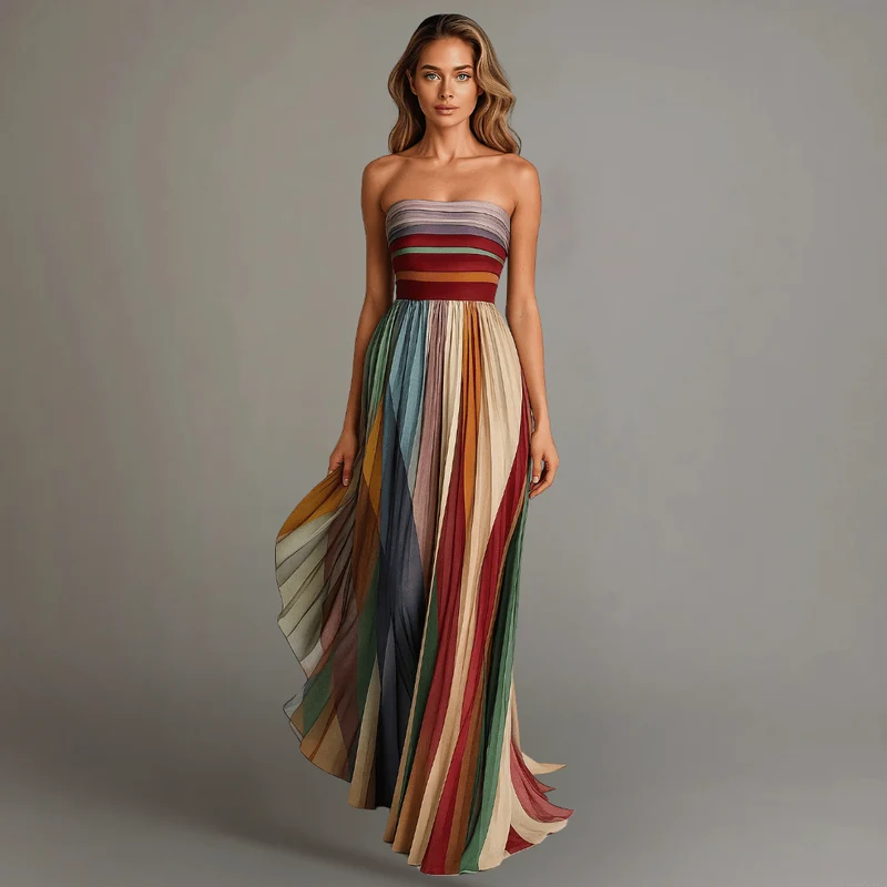 Robe Longue Plissée Sans Bretelles pour Femmes