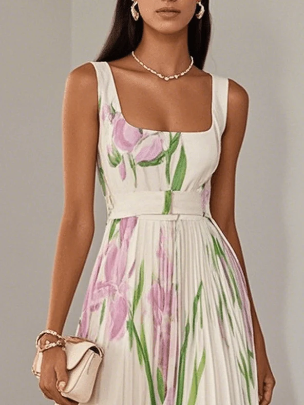 Robe longue plissée à motif floral pour femmes