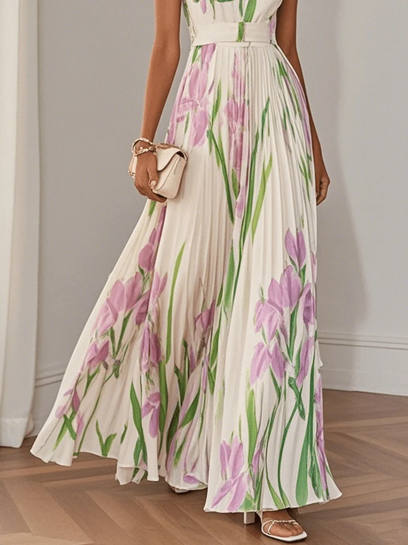 Robe longue plissée à motif floral pour femmes
