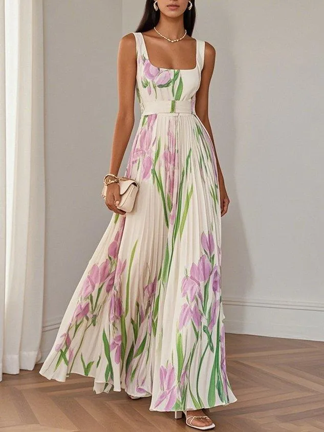 Robe longue plissée à motif floral pour femmes