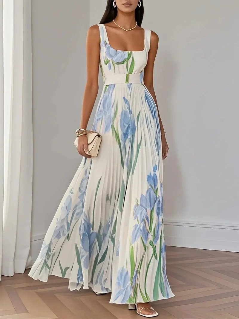 Robe longue plissée à motif floral pour femmes