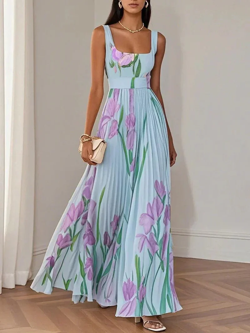 Robe longue plissée à motif floral pour femmes