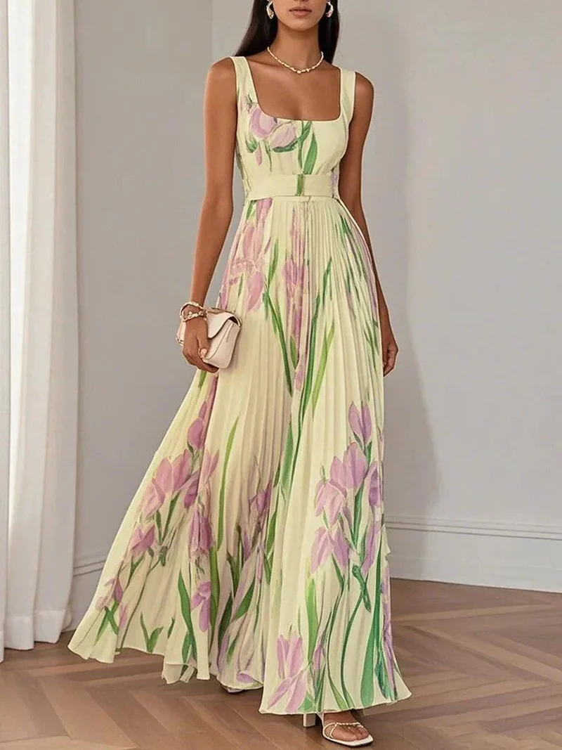 Robe longue plissée à motif floral pour femmes