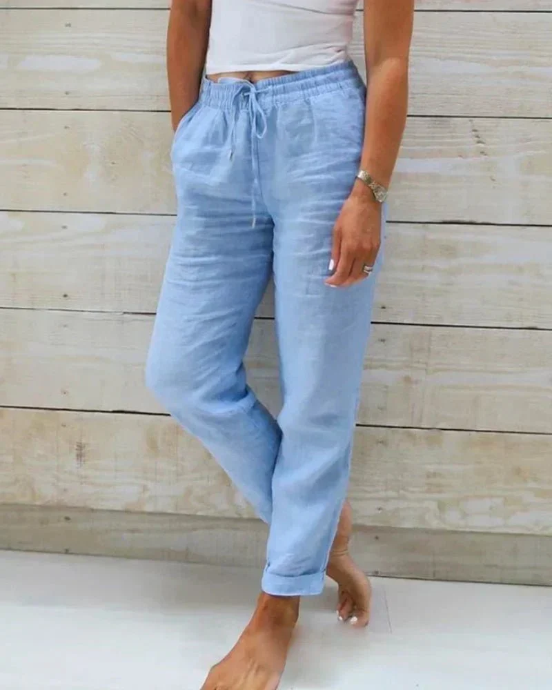 Pantalon Large en Coton et Lin Taille Élastique pour Femmes