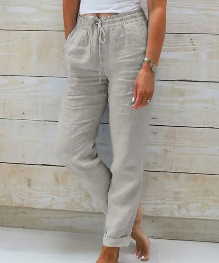 Pantalon Large en Coton et Lin Taille Élastique pour Femmes