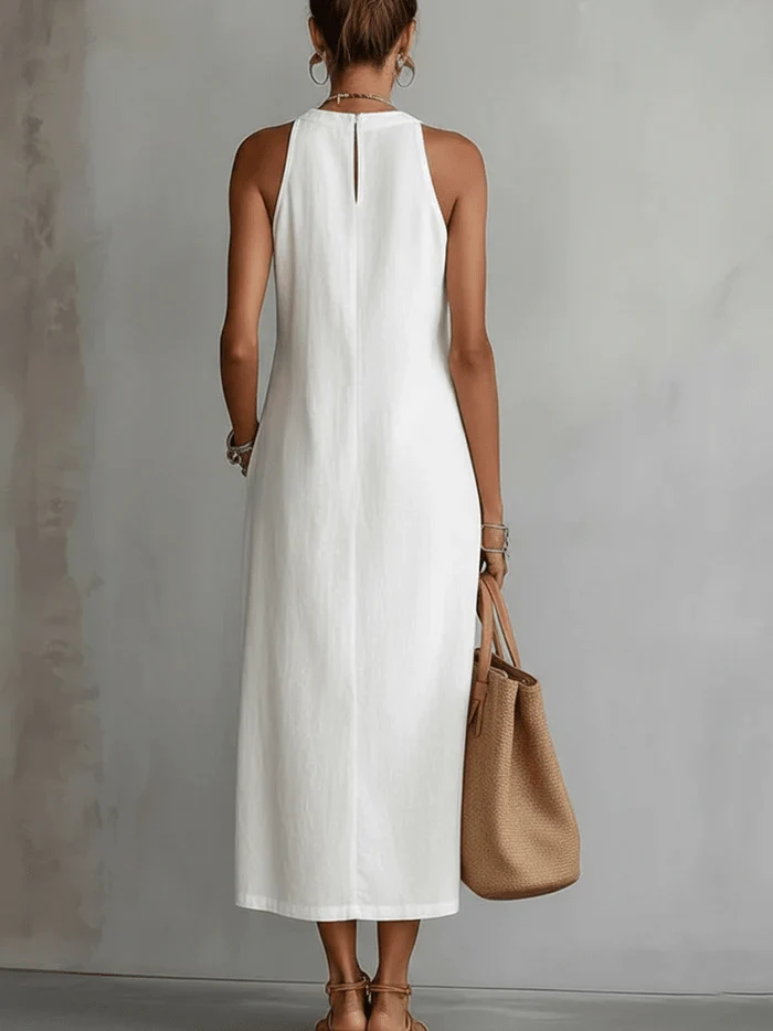 Robe Midi Femme Col Mandarin en Lin et Coton