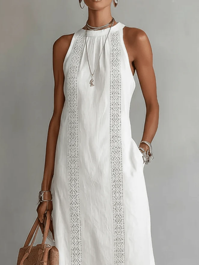 Robe Midi Femme Col Mandarin en Lin et Coton